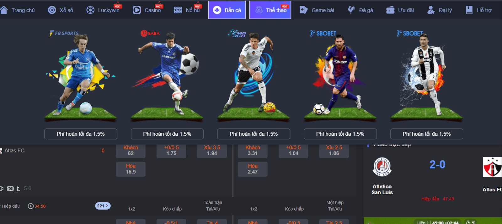 Sảnh game cung cấp cơ hội cá cược trên nhiều giải thể thao hàng đầu thế giới