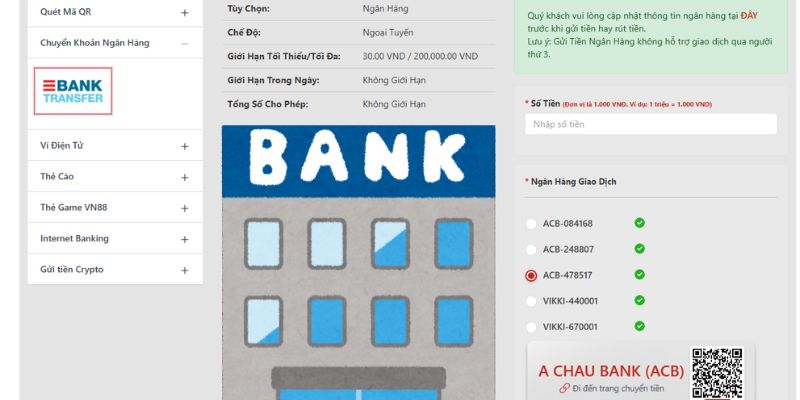 Hướng dẫn nạp tiền VN88 qua tài khoản ngân hàng