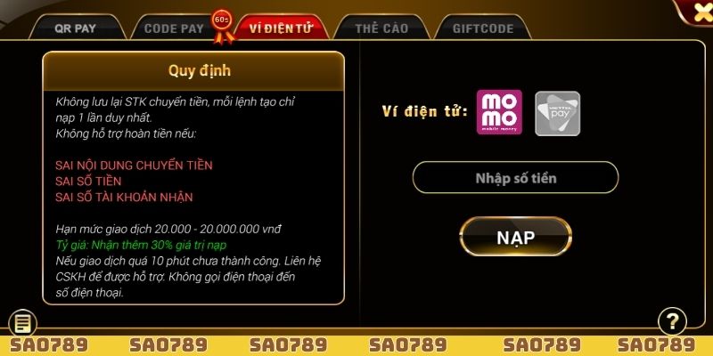 Giao diện nạp tiền Sao789 được tối ưu hóa để đơn giản nhưng vẫn hiệu quả