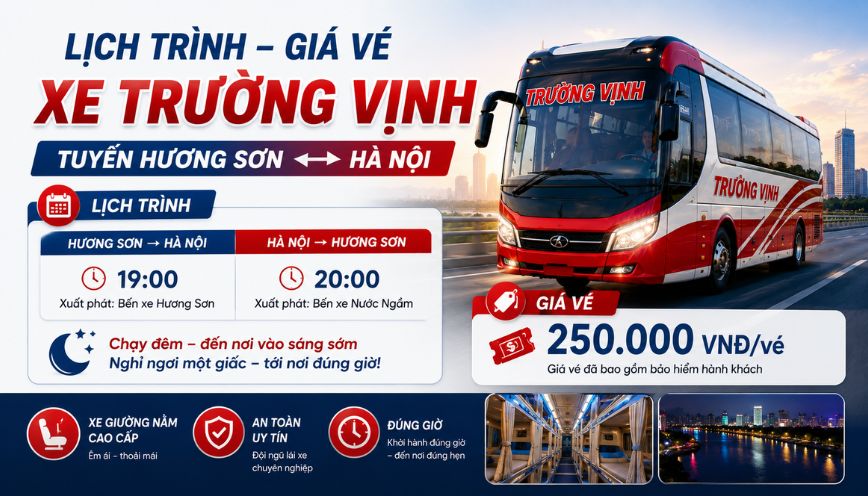 Lịch trình, giá vé xe Trường Vịnh tuyến Hương Sơn ↔ Hà Nội