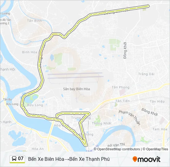 Bản đồ chi tiết lộ trình tuyến xe buýt 07 Đồng Nai từ Biên Hòa đến Thạnh Phú