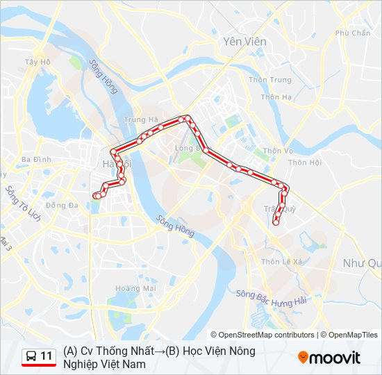 Bản đồ chi tiết lộ trình tuyến xe buýt 11 từ Công viên Thống Nhất đến Học viện Nông nghiệp Việt Nam tại Hà Nội