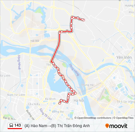 Bản đồ chi tiết lộ trình tuyến xe buýt 143 Hà Nội từ Hào Nam đến Đông Anh