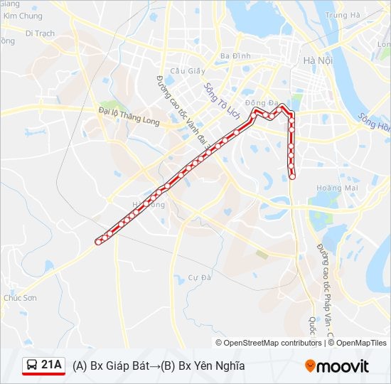 Bản đồ chi tiết lộ trình tuyến xe buýt 21A Hà Nội nối bến xe Giáp Bát và bến xe Yên Nghĩa