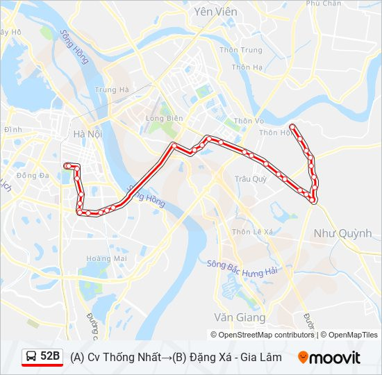 Bản đồ chi tiết lộ trình tuyến xe buýt 52B Hà Nội kết nối Công viên Thống Nhất và Đặng Xá Gia Lâm