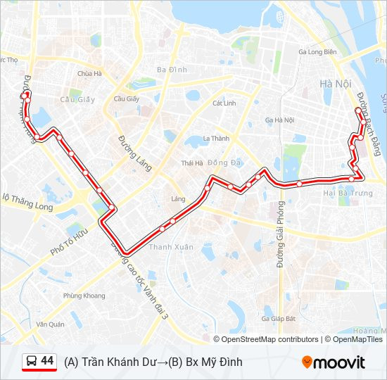 Bản đồ chi tiết lộ trình tuyến xe buýt số 44 Hà Nội