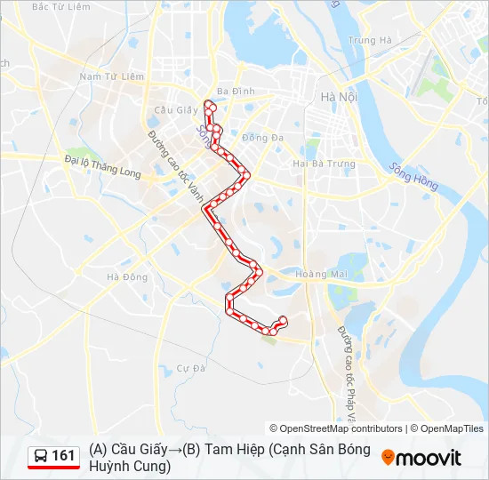 Bản đồ chi tiết lộ trình và các điểm dừng của tuyến xe buýt 161 Hà Nội: Cầu Giấy - Tam Hiệp