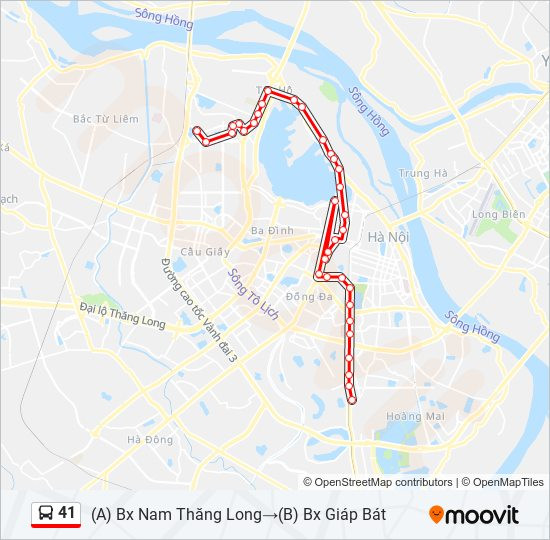 Bản đồ chi tiết lộ trình và các điểm dừng của tuyến xe buýt 41 Hà Nội