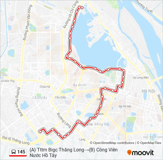 Bản đồ chi tiết lộ trình xe buýt 145 Hà Nội kết nối Big C Thăng Long và Công viên Nước Hồ Tây