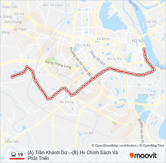 Bản đồ chi tiết tuyến xe buýt số 19 Hà Nội, hiển thị lộ trình từ Trần Khánh Dư đến Học viện Chính sách và Phát triển qua các quận trung tâm và phía Tây