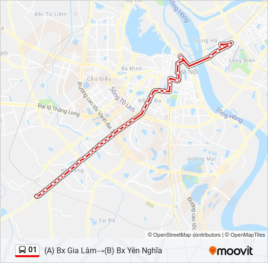 Bản đồ lộ trình tuyến xe buýt 01 Bến xe Gia Lâm - Bến xe Yên Nghĩa tại Hà Nội