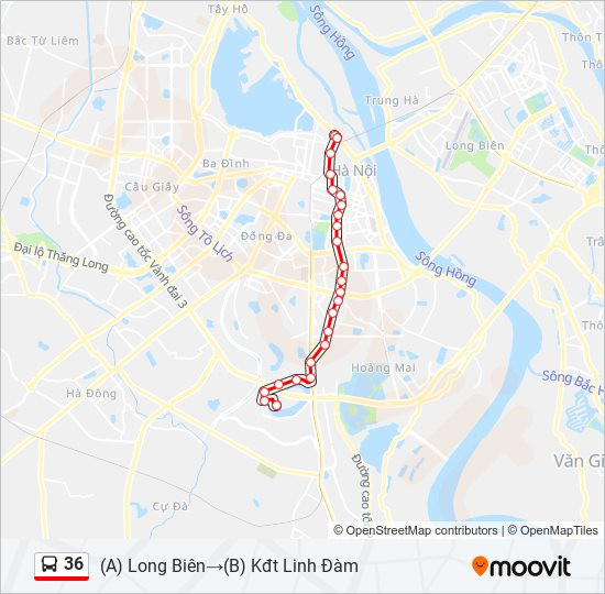 Bản đồ lộ trình và điểm dừng chính tuyến xe buýt 36 tại Hà Nội (Long Biên - Khu đô thị Linh Đàm)