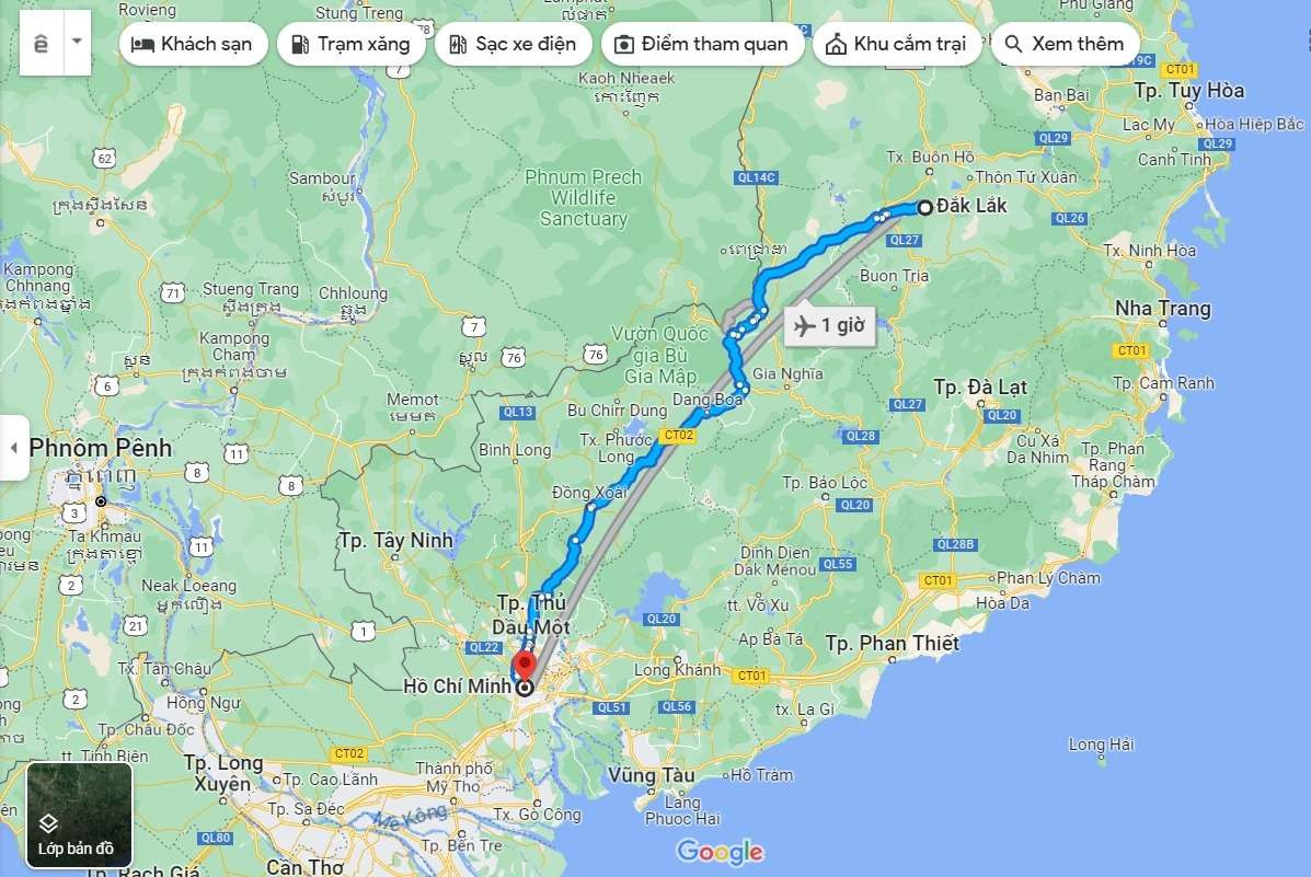 Bản đồ minh họa tuyến đường di chuyển chính từ Buôn Ma Thuột (Đắk Lắk) đến TP.HCM (Sài Gòn)
