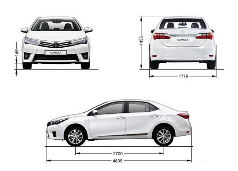 Biểu đồ minh họa các thông số kích thước oto 4 chỗ cơ bản