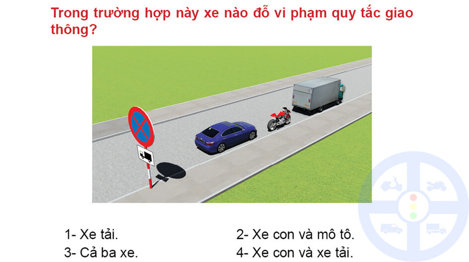 Diagram showing a parked vehicle partially on a pedestrian crossing, demonstrating a potential parking violation scenario as presented in the **sa hình** questions for the A1 license exam.