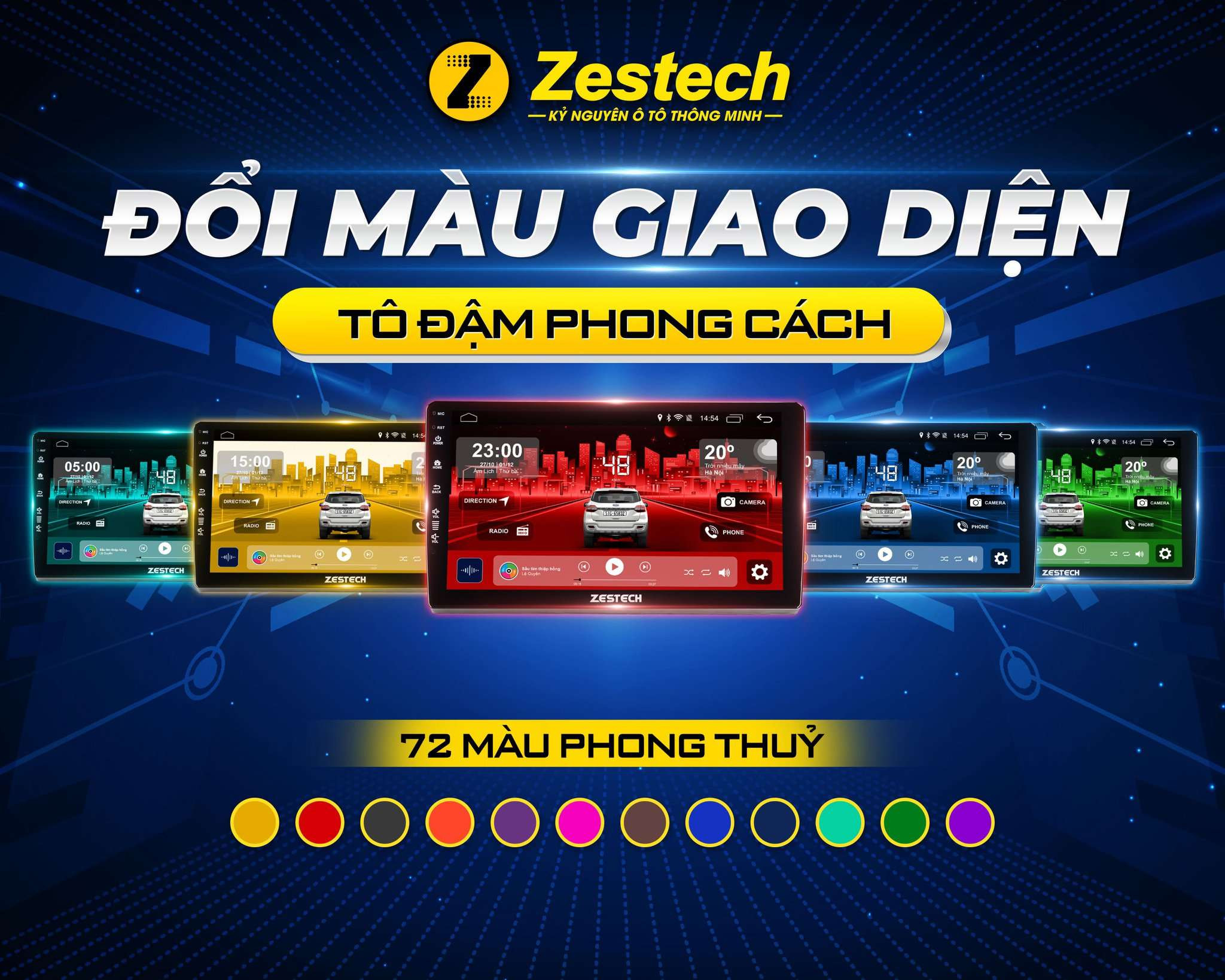 Giao diện màn hình Zestech Z800 Pro với các tùy chọn màu sắc và chủ đề khác nhau