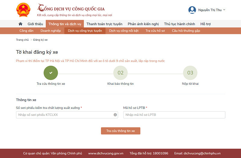 Giao diện nhập thông tin xe khi đăng ký ô tô trực tuyến