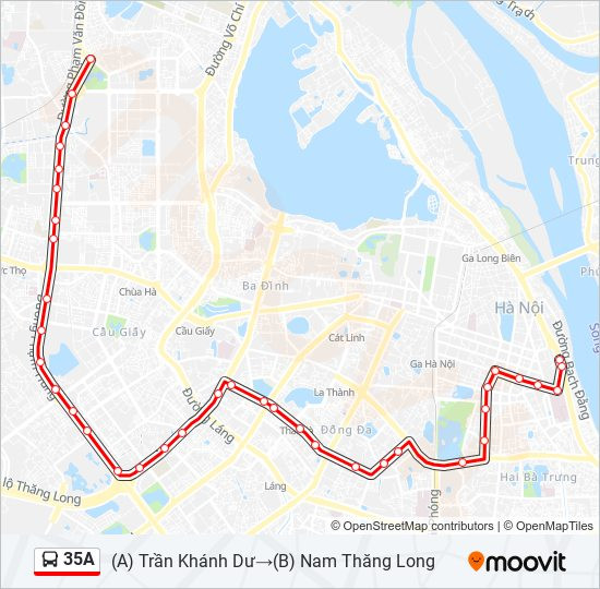 Sơ đồ hoặc bản đồ minh họa lộ trình tuyến xe buýt 35A Hà Nội chi tiết