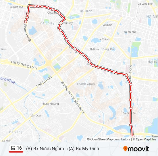 Sơ đồ tuyến xe buýt 16 Hà Nội kết nối Bến xe Mỹ Đình và Bến xe Nước Ngầm
