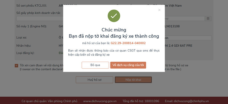 Thông báo hoàn thành nộp hồ sơ đăng ký xe ô tô trực tuyến